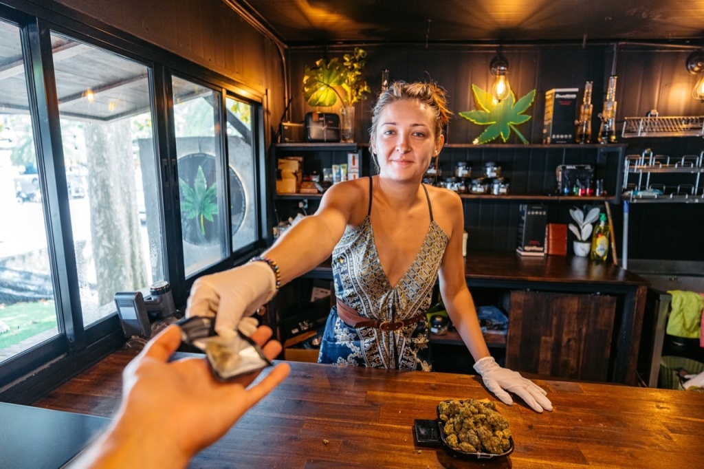 Medical cannabis saves money: Young female retail worker selling a bag of herbal cannabis (marijuana) to a customer in a cannabis shop in Thailand.