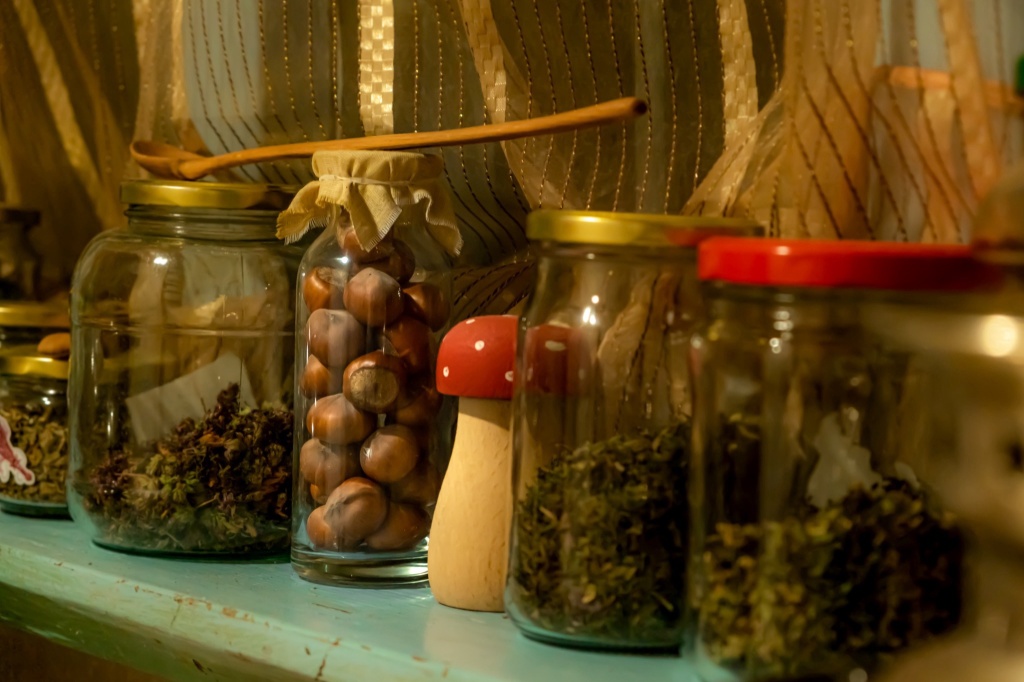 jars of herbs and cannabis terpenes household pantry