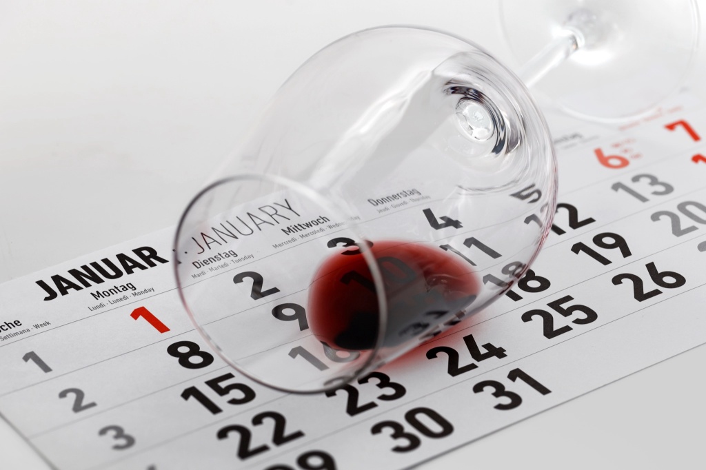 dry january lifestyle overturned wine glass on calendar
