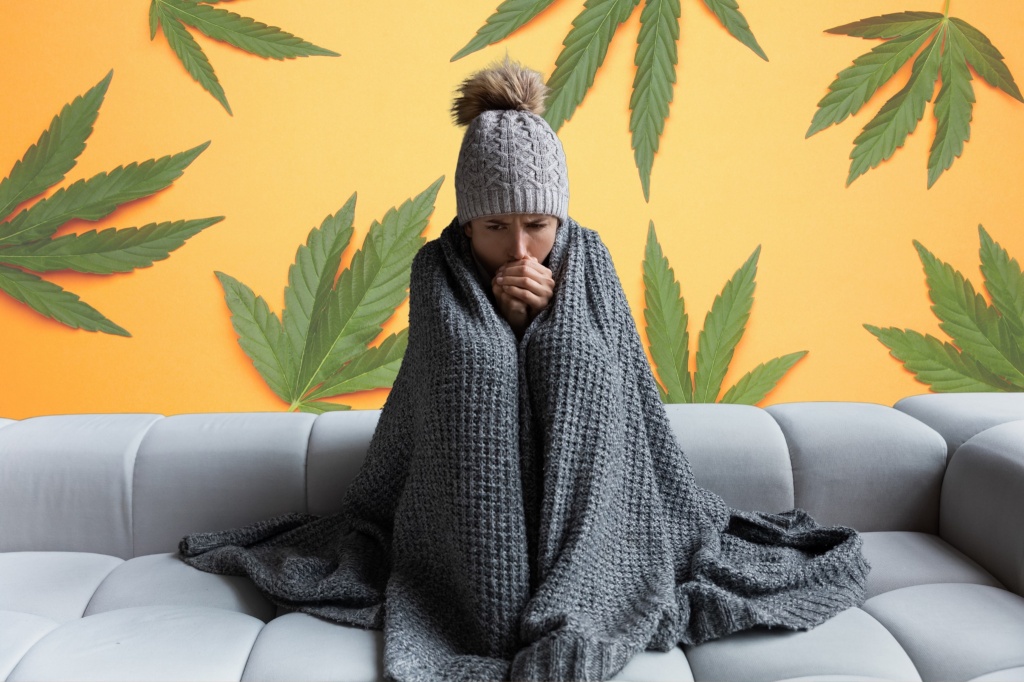 woman bundled up on couch with cannabis leaves why does weed make you feel cold?