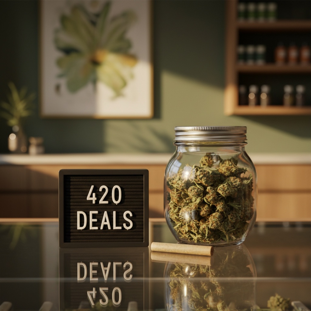 420 sales 2026 sign next to jar of bud in dispensary