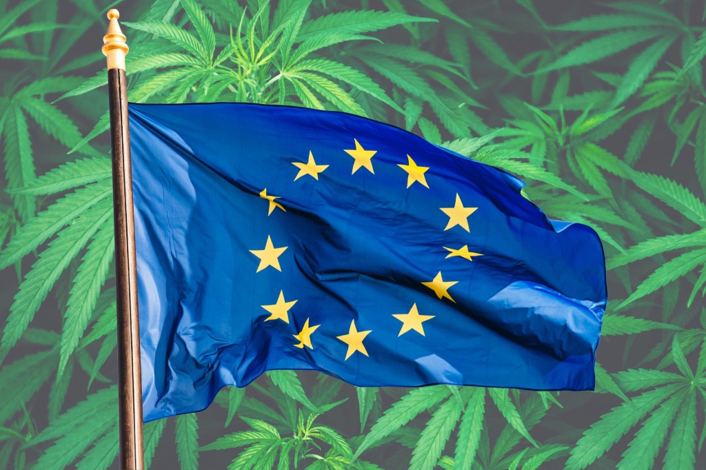 EU flag over cannabis leaves europe cannabis market grows