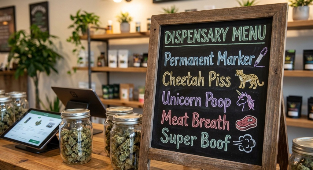 dispensary menu with weird weed strain names