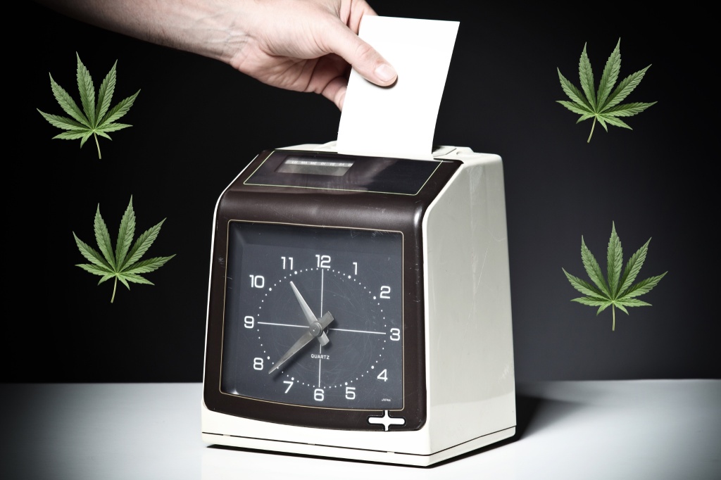 time clock with cannabis leaves representing legal cannabis workplace benefit