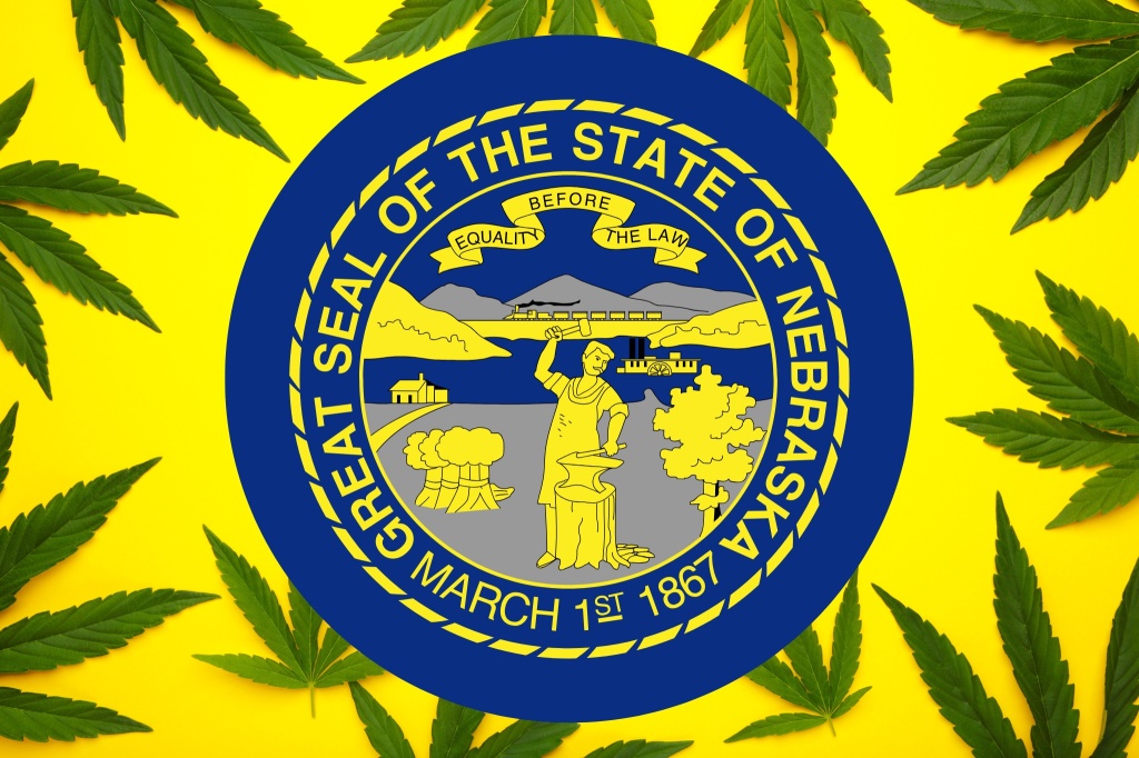 nebraska seal over cannabis leaves representing nebraska supreme court ruling on medical cannabis laws